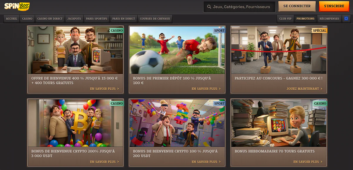 Liste des bonus sur Spin Boss Casino Tous les bonus de SpinbossCasino