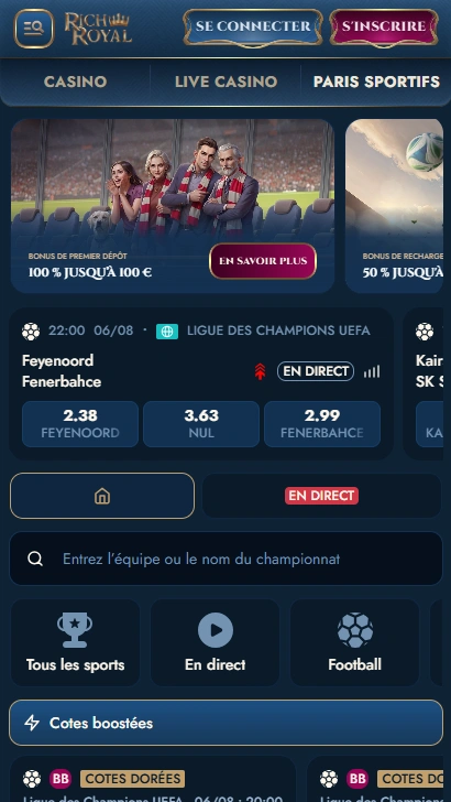 Paris Sportifs sur Rich Royal Casino Online Rich-Royal Presente Parier sur des Événements Sportifs pour le Plaisir