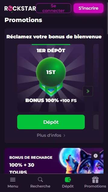 Bonus de Bienvenue de Casino RockStar Super Bonus sans Depot sur Code Promo au RockStar Casino en Ligne